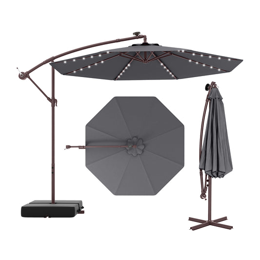 10 Ft Offset Cantilever Patio Umbrella, 40 Solar Lights, Gray Outdoor Umbrellas Gray at Gallery Canada