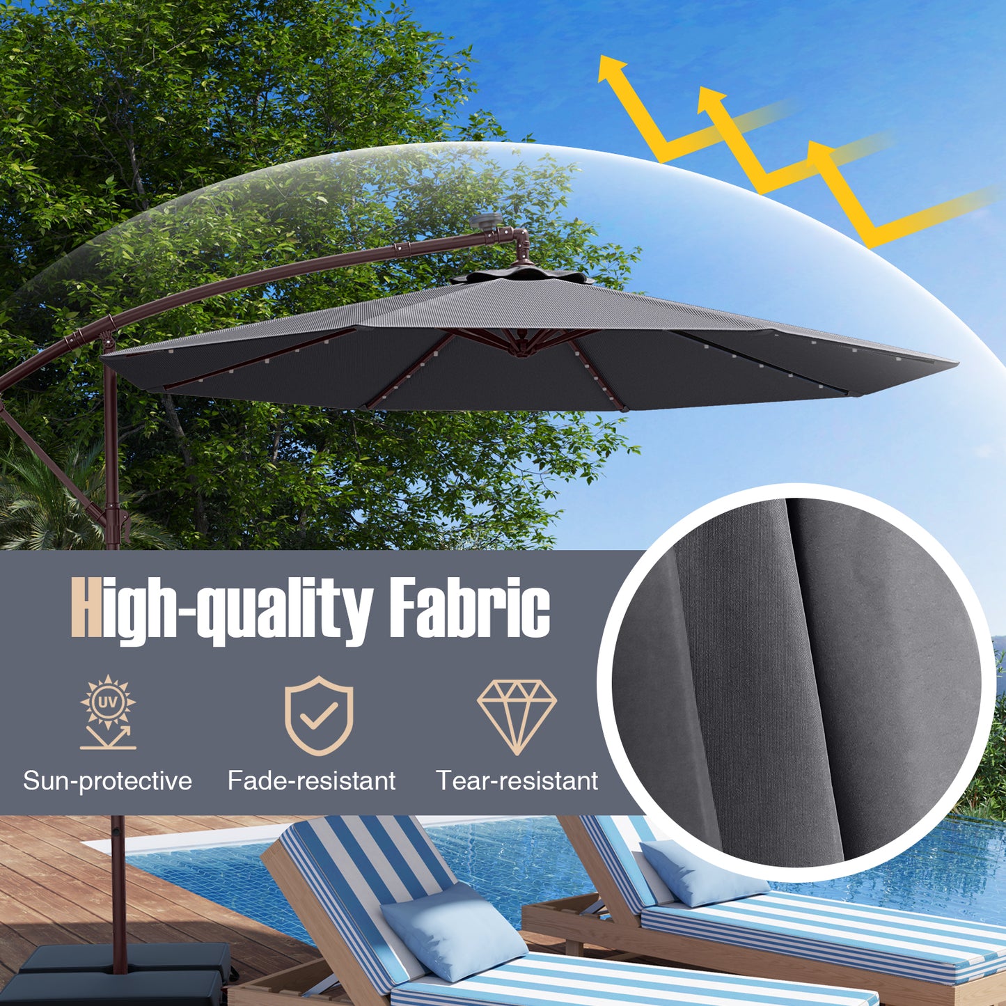10 Ft Offset Cantilever Patio Umbrella, 40 Solar Lights, Gray Outdoor Umbrellas at Gallery Canada
