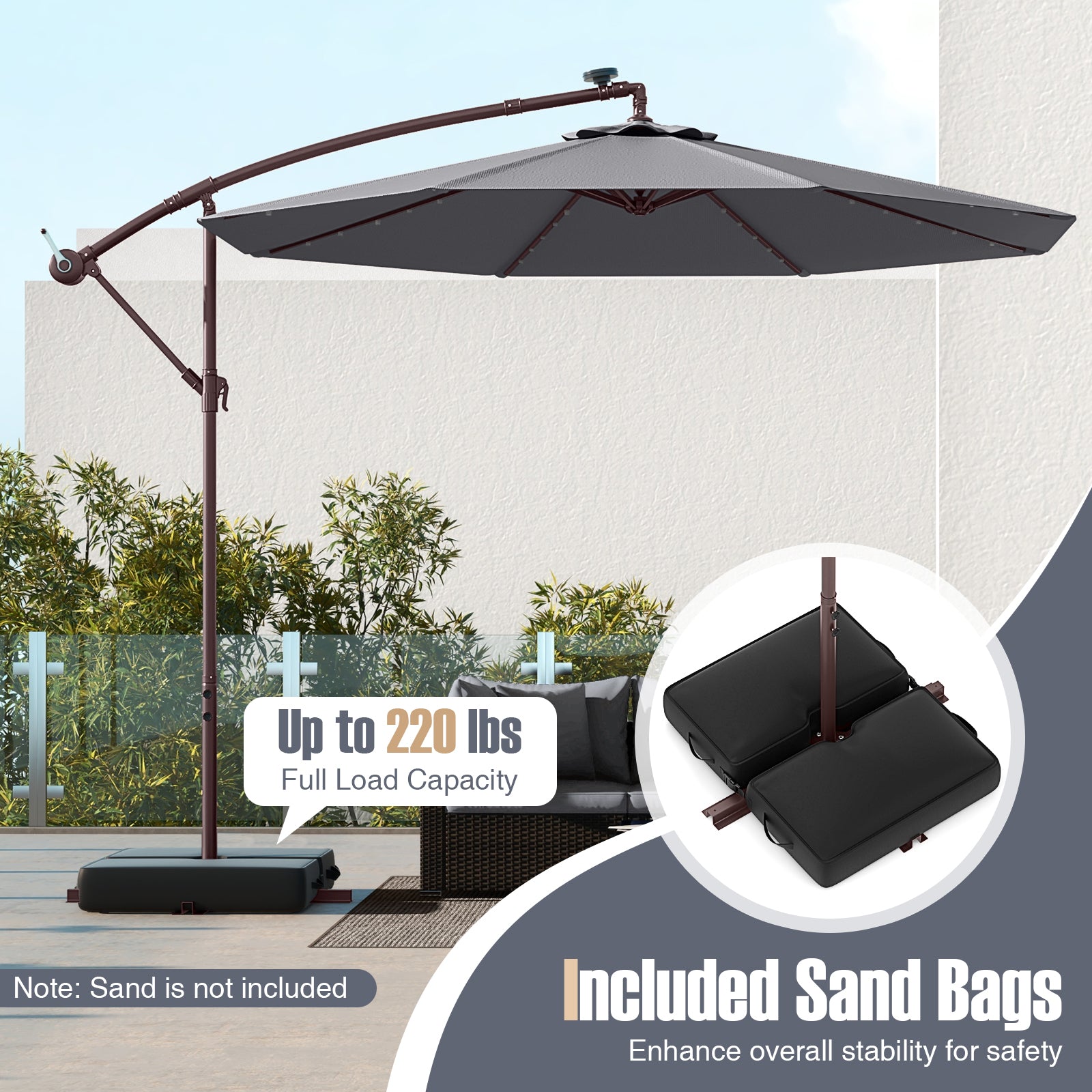 10 Ft Offset Cantilever Patio Umbrella, 40 Solar Lights, Gray Outdoor Umbrellas at Gallery Canada