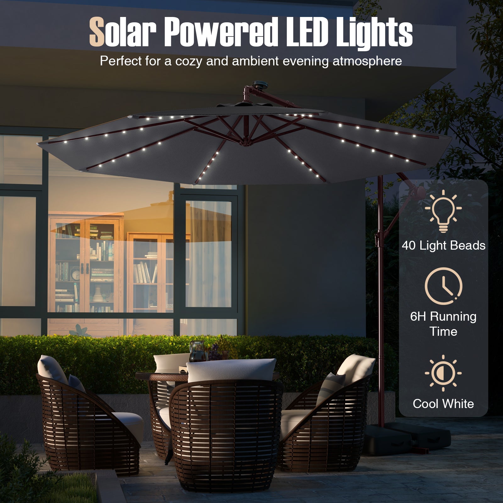 10 Ft Offset Cantilever Patio Umbrella, 40 Solar Lights, Gray Outdoor Umbrellas at Gallery Canada