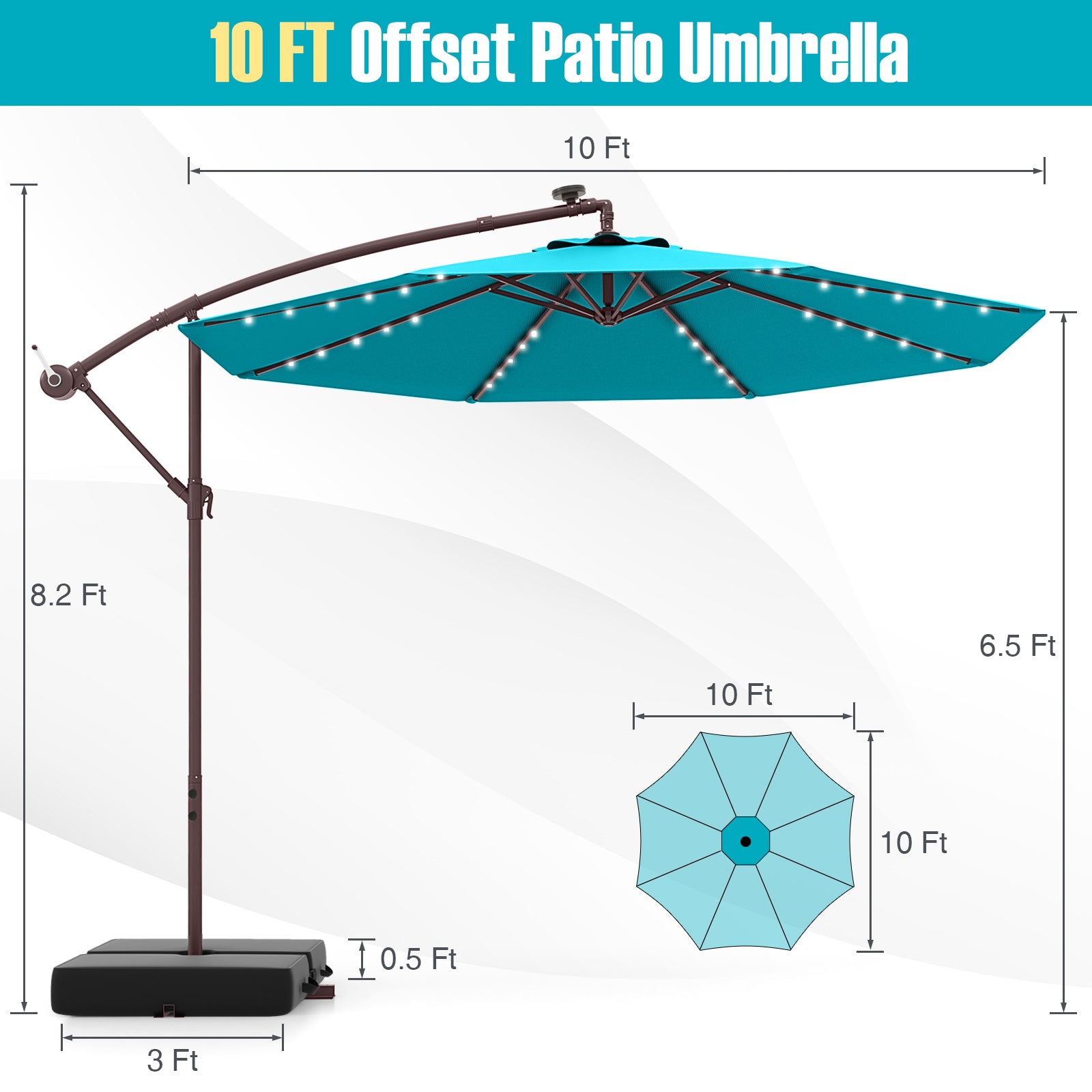 10 Ft Patio Umbrella Offset Cantilever Umbrella with 40 Solar Powered Lights, Turquoise Outdoor Umbrellas at Gallery Canada
