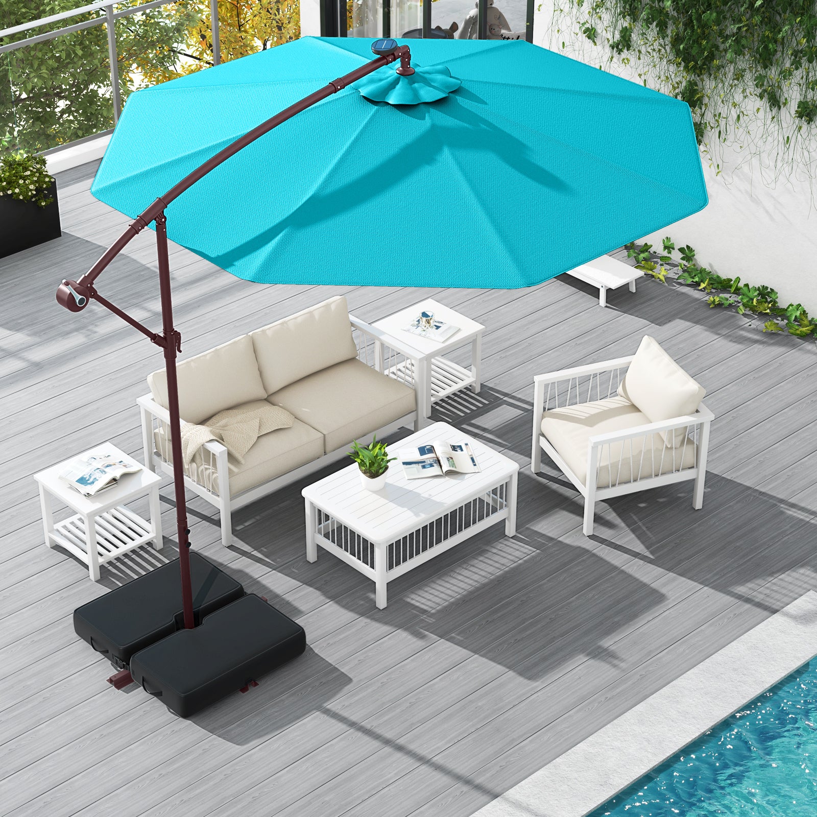 10 Ft Patio Umbrella Offset Cantilever Umbrella with 40 Solar Powered Lights, Turquoise Outdoor Umbrellas at Gallery Canada