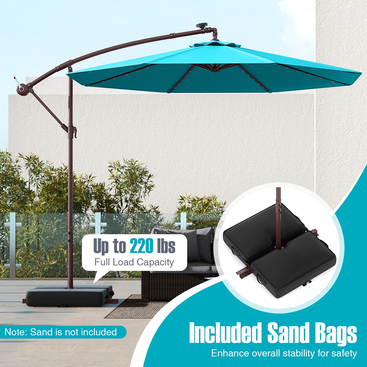 10 Ft Patio Umbrella Offset Cantilever Umbrella with 40 Solar Powered Lights, Turquoise Outdoor Umbrellas at Gallery Canada