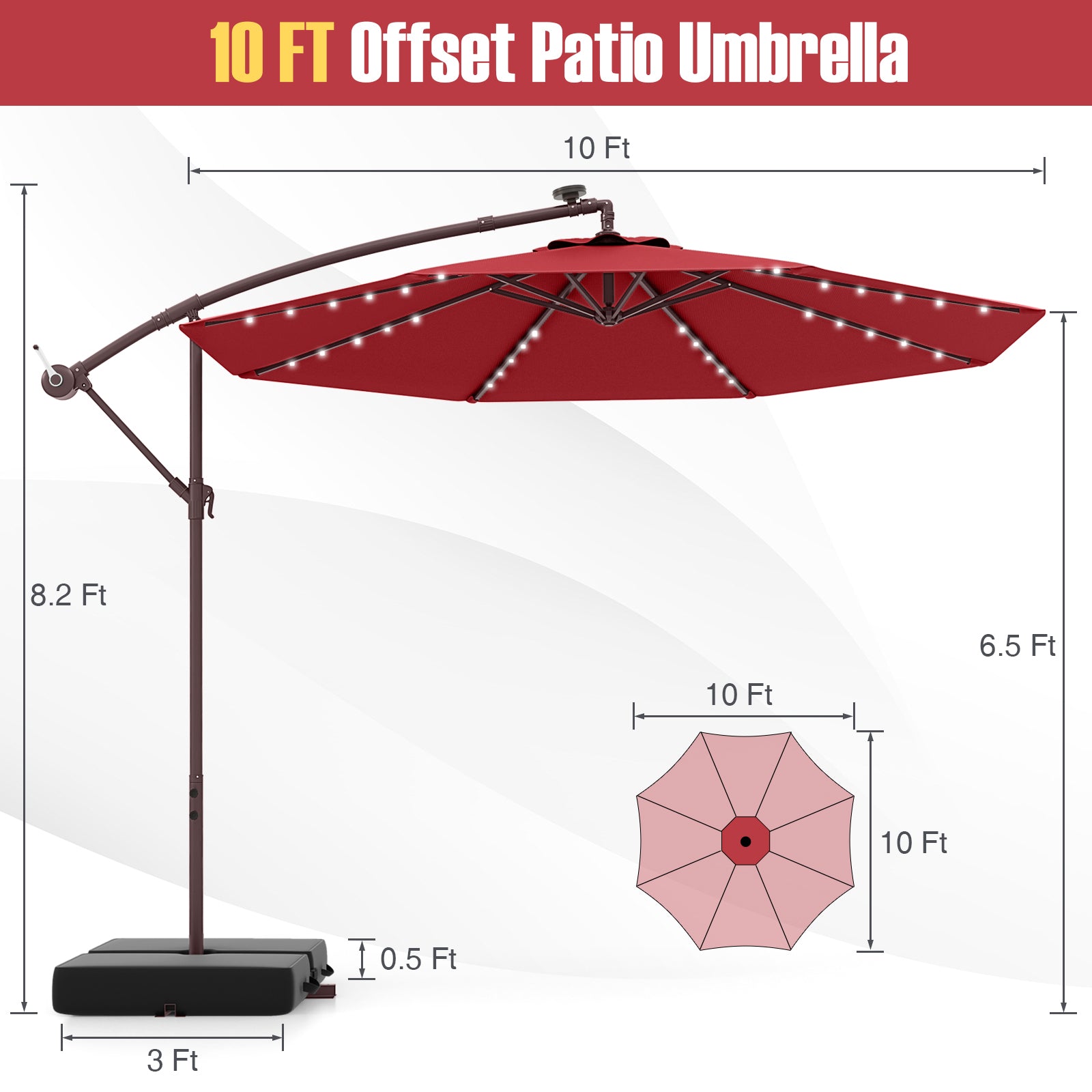 10 Ft Offset Cantilever Patio Umbrella, 40 Solar Lights, Red Outdoor Umbrellas at Gallery Canada