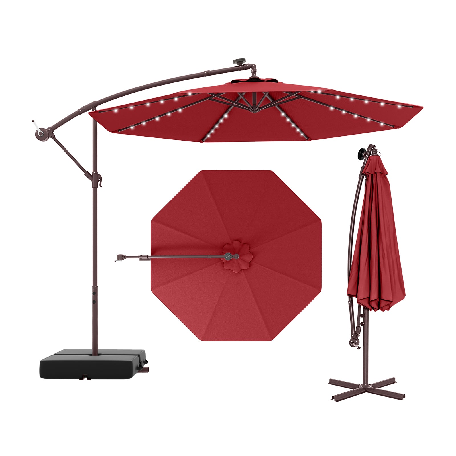 10 Ft Offset Cantilever Patio Umbrella, 40 Solar Lights, Red Outdoor Umbrellas at Gallery Canada