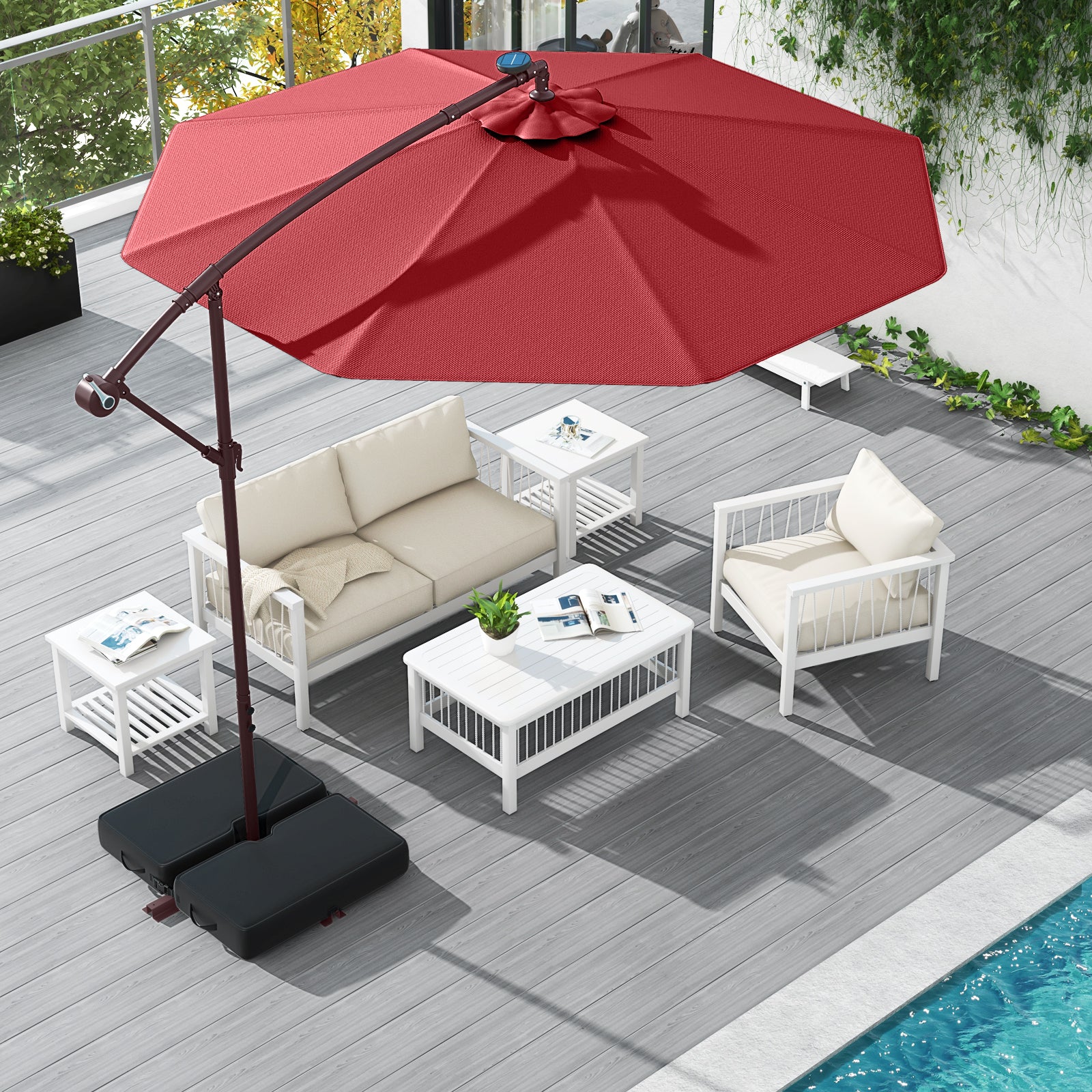 10 Ft Offset Cantilever Patio Umbrella, 40 Solar Lights, Red Outdoor Umbrellas at Gallery Canada