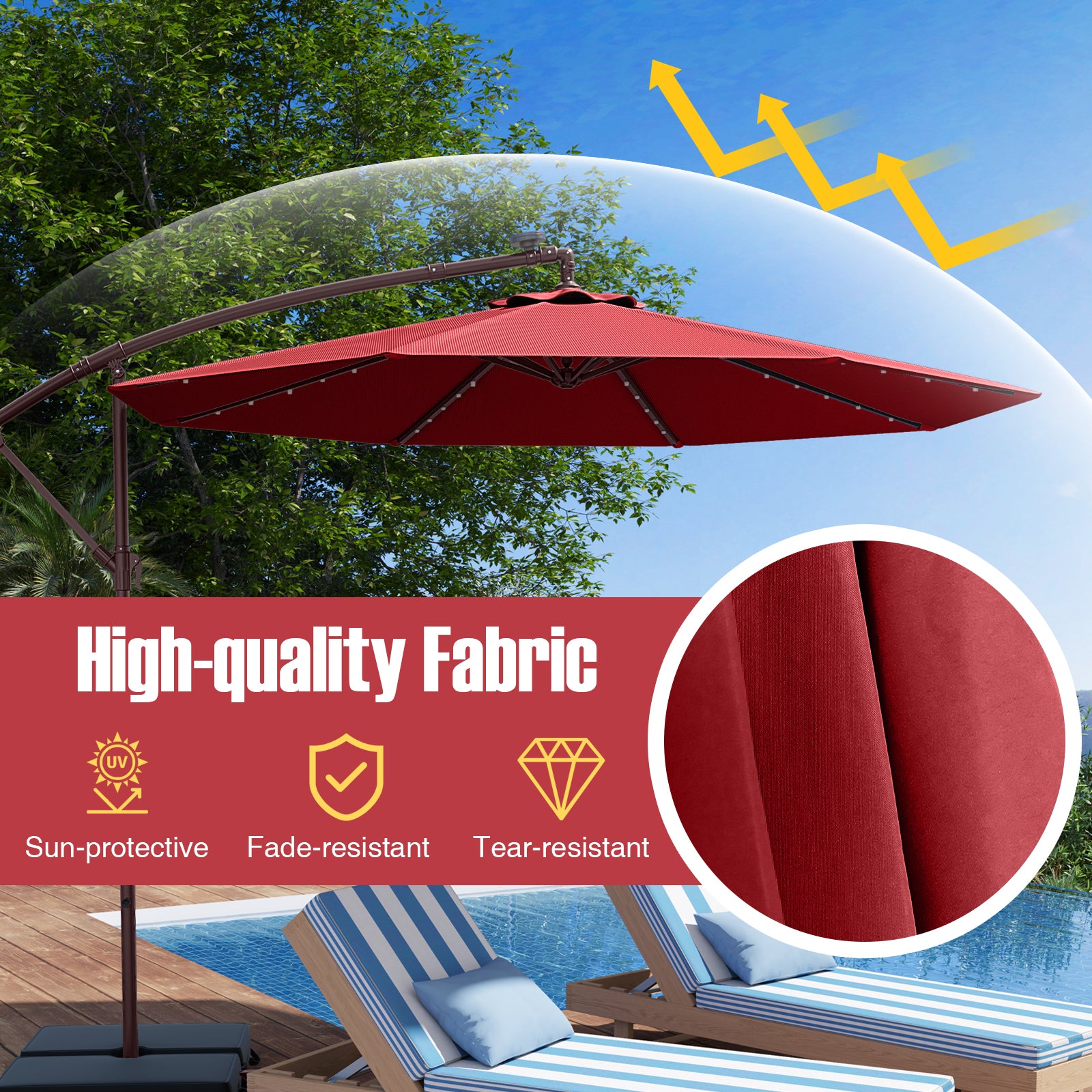10 Ft Offset Cantilever Patio Umbrella, 40 Solar Lights, Red Outdoor Umbrellas at Gallery Canada