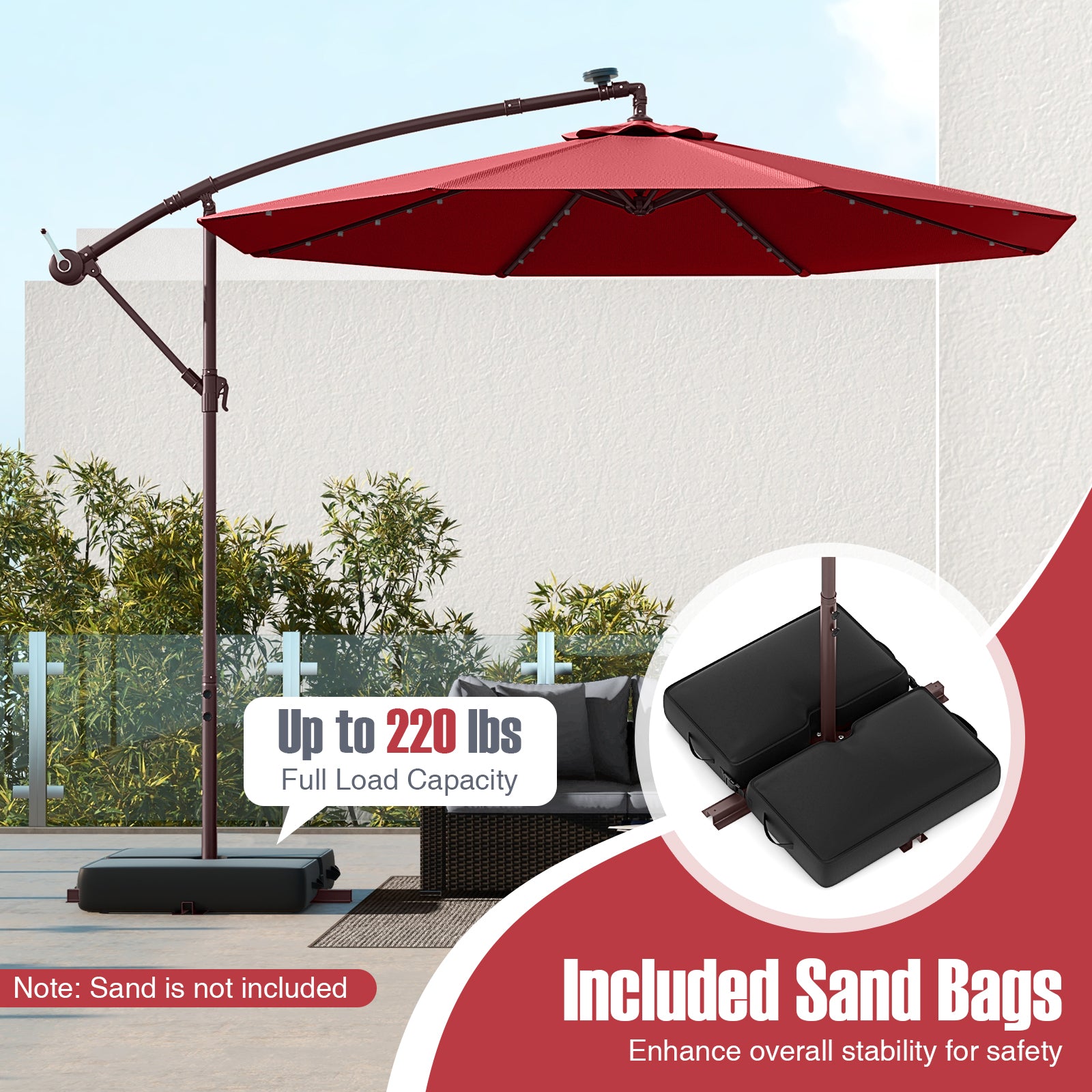 10 Ft Offset Cantilever Patio Umbrella, 40 Solar Lights, Red Outdoor Umbrellas at Gallery Canada