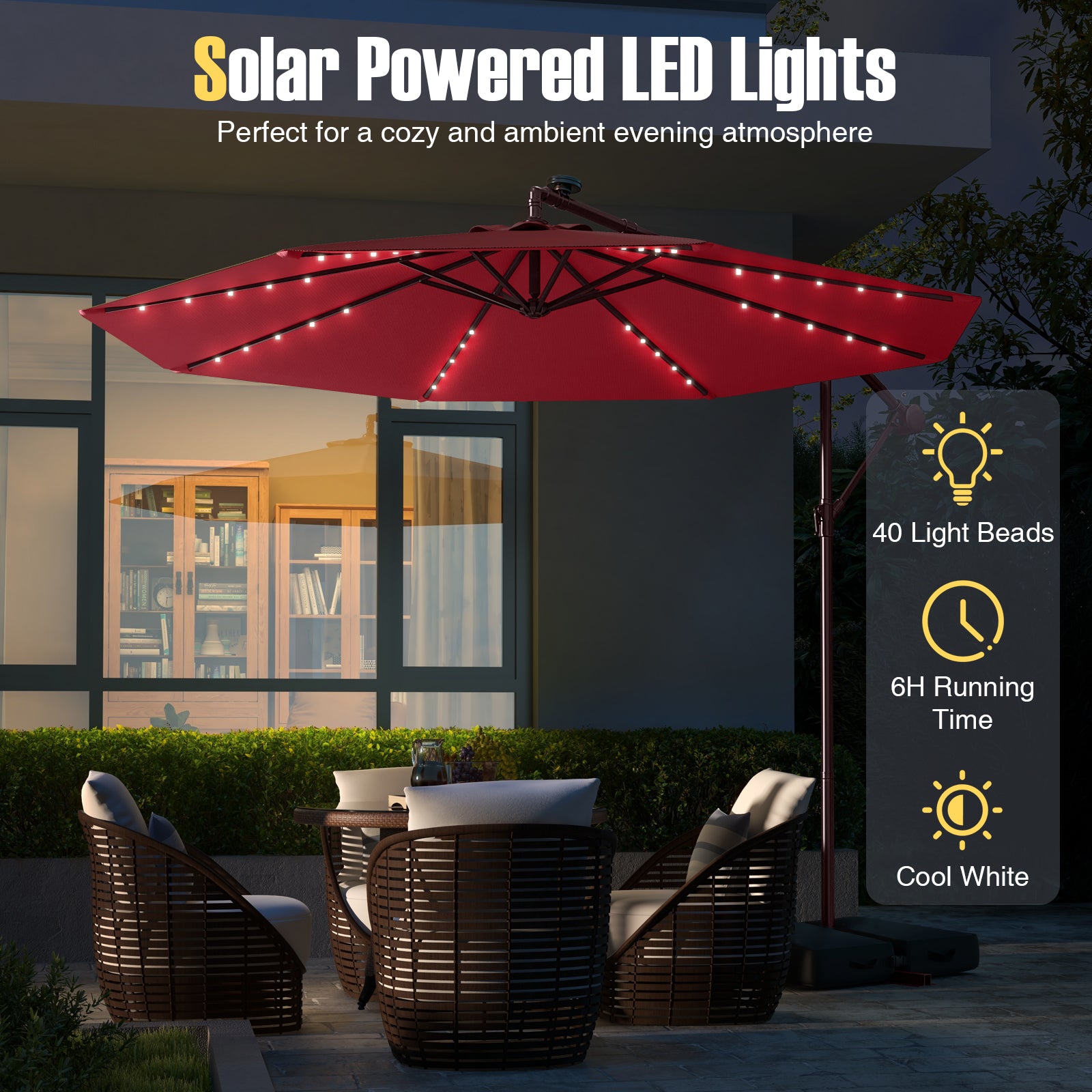 10 Ft Offset Cantilever Patio Umbrella, 40 Solar Lights, Red Outdoor Umbrellas at Gallery Canada