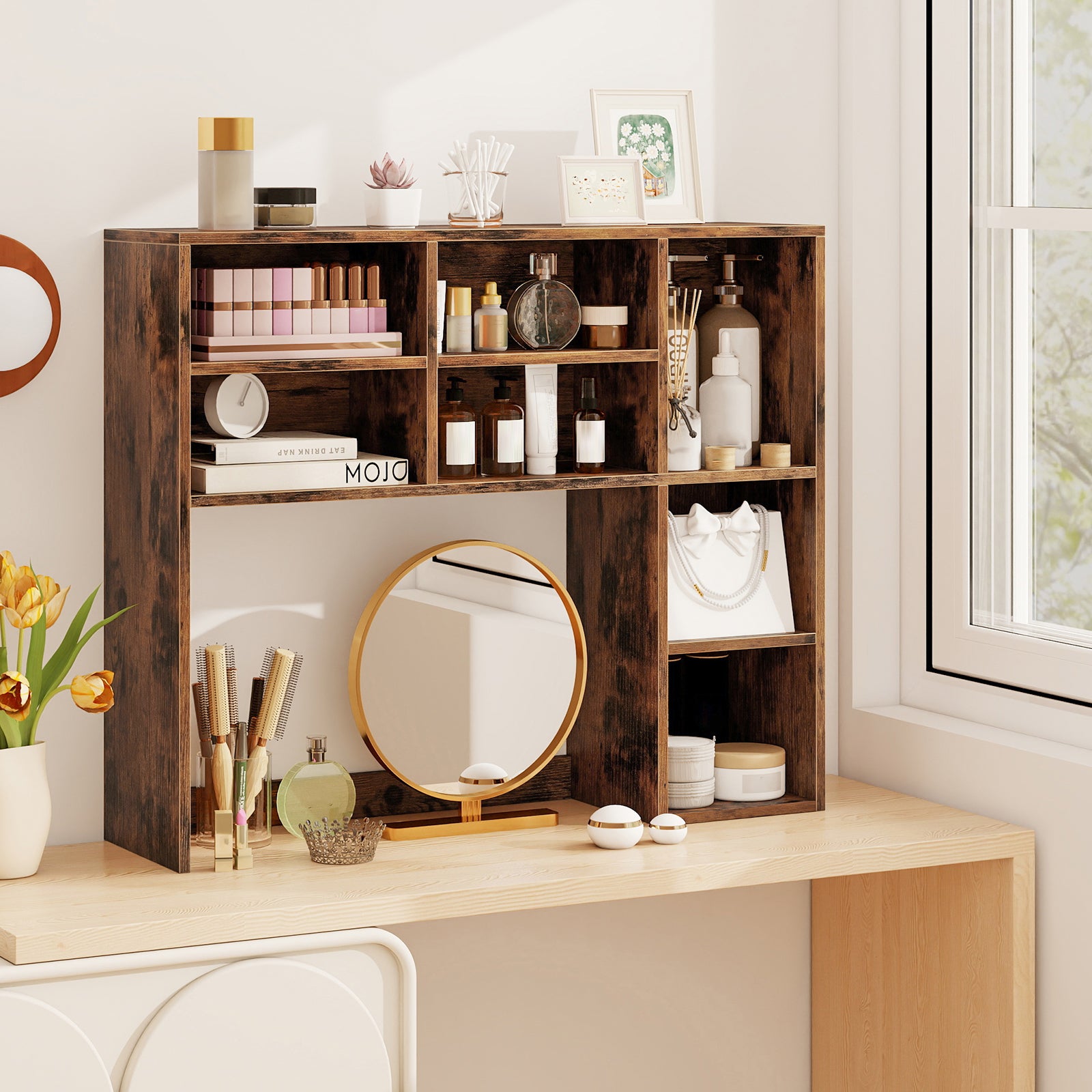 Desktop Bookshelf, 7 Open Cubbies, 3 Adjustable Shelves, Brown Bookcases at Gallery Canada