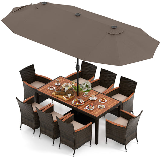 11 Piece Patio Dining Set, 15 Ft Double-Sided Umbrella With Base Patio Dining Sets Coffee at Gallery Canada