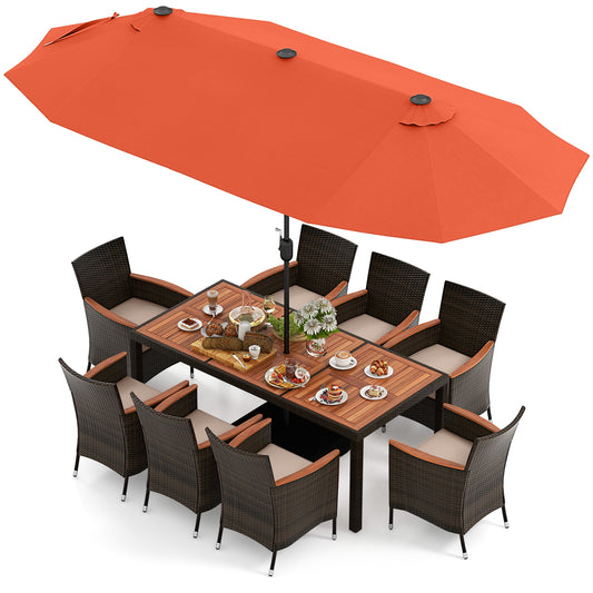 11 Piece Patio Dining Set, 15 Ft Double Sided Umbrella With Base, Orange Patio Dining Sets Orange at Gallery Canada