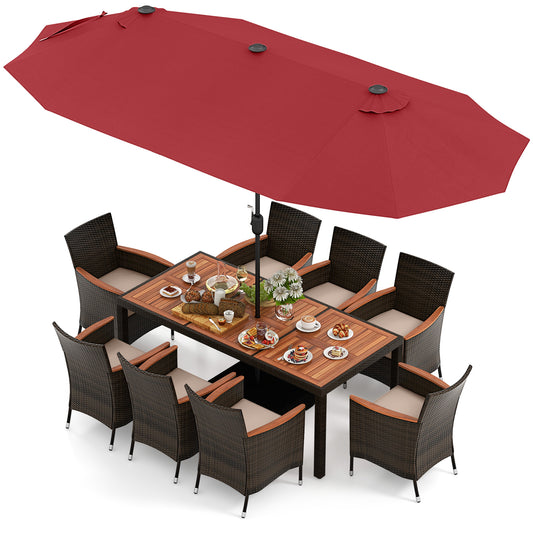11-Piece Patio Dining Set, 15 Ft Double-Sided Umbrella, Wine Patio Dining Sets Wine at Gallery Canada