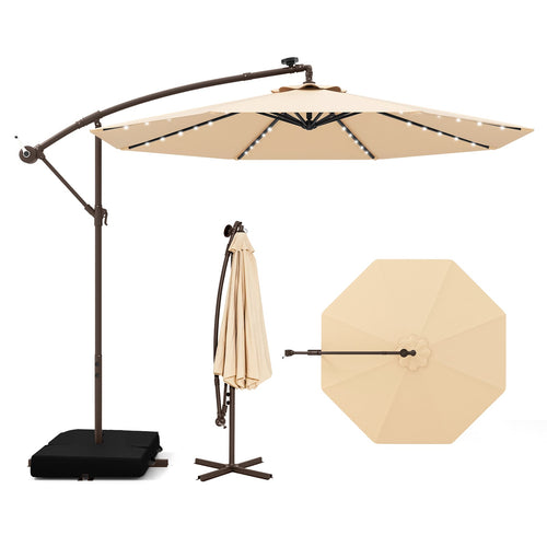 10 Feet Cantilever Umbrella, 32 LED Lights, Solar Panel Batteries, Beige