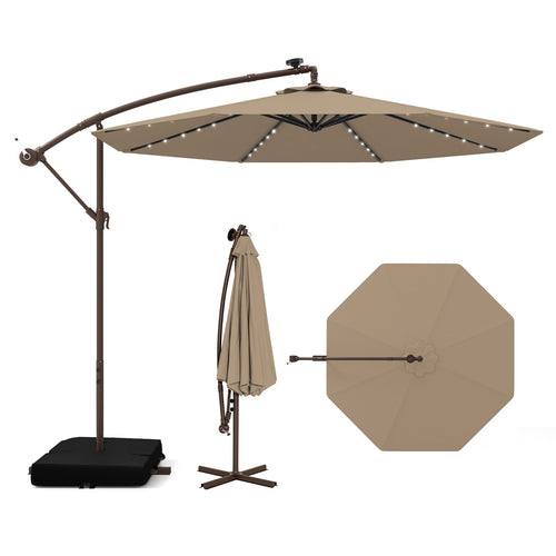 10 Feet Cantilever Umbrella, 32 LED Lights, Solar Panel, Tan