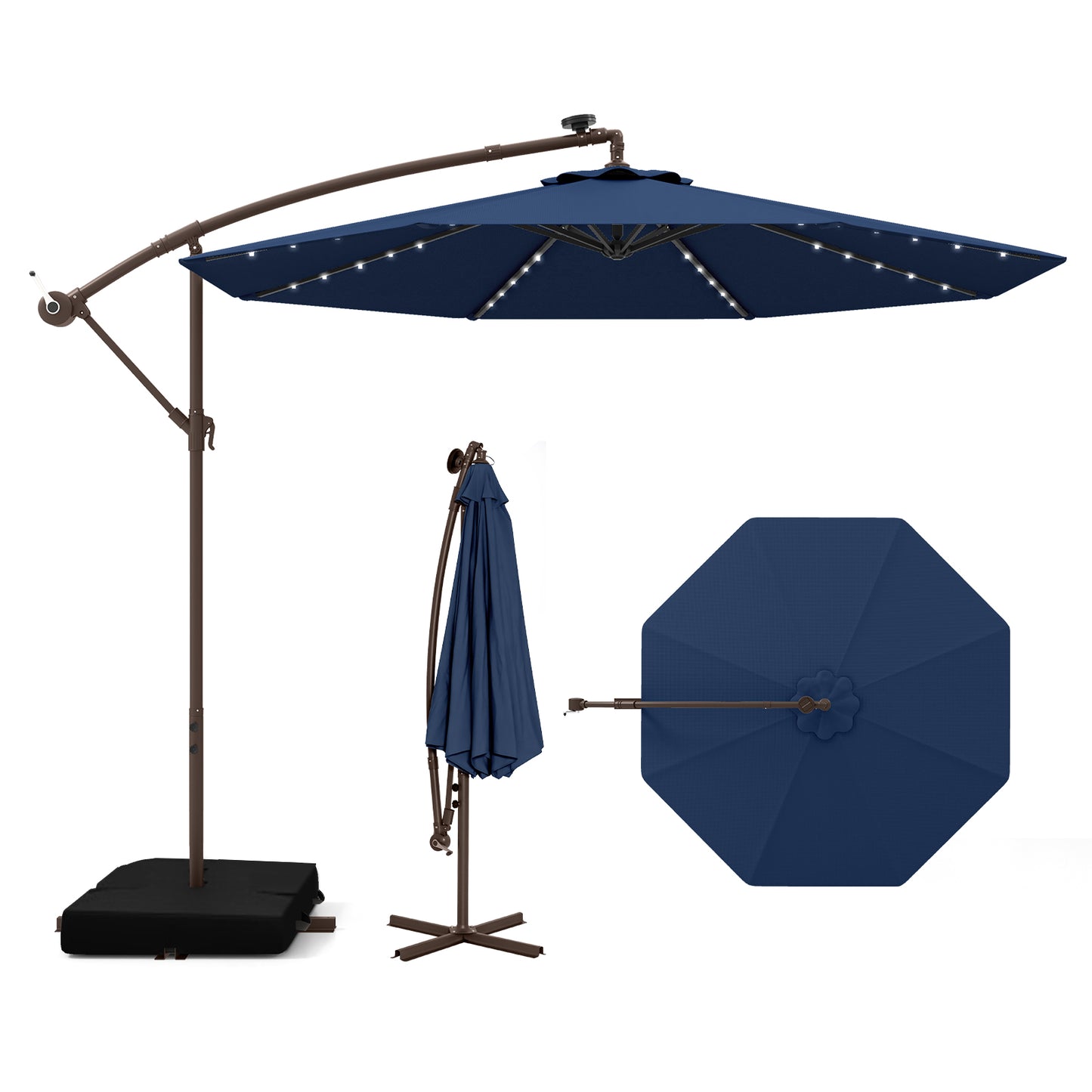 10 Feet Cantilever Umbrella, 32 LED Lights, Solar Panel Batteries, Navy Outdoor Umbrellas at Gallery Canada