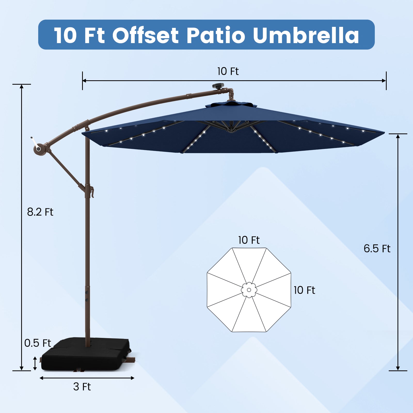 10 Feet Cantilever Umbrella, 32 LED Lights, Solar Panel Batteries, Navy Outdoor Umbrellas at Gallery Canada