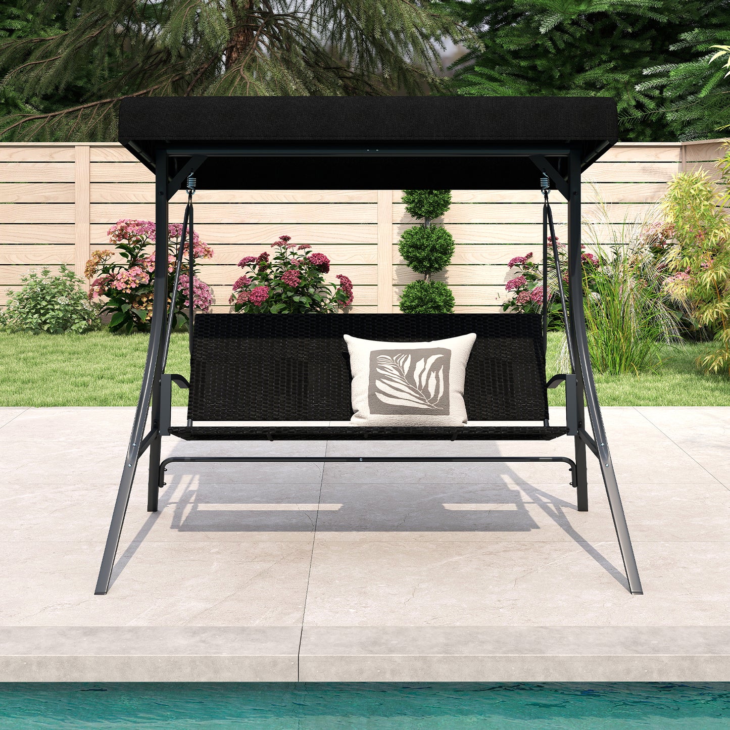 3-Person Porch Swing with Stand Outdoor Canopy Swing with Rattan Seat Back, Black Porch Swings at Gallery Canada