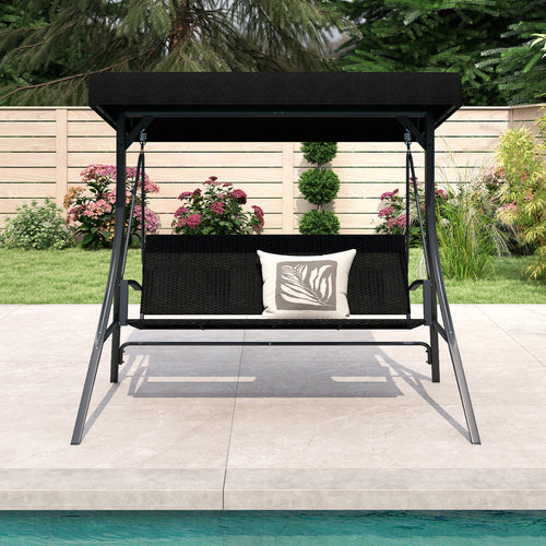 3-Person Porch Swing with Stand Outdoor Canopy Swing with Rattan Seat Back, Black