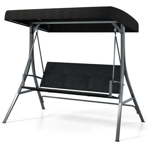 3-Person Porch Swing with Stand Outdoor Canopy Swing with Rattan Seat Back, Black