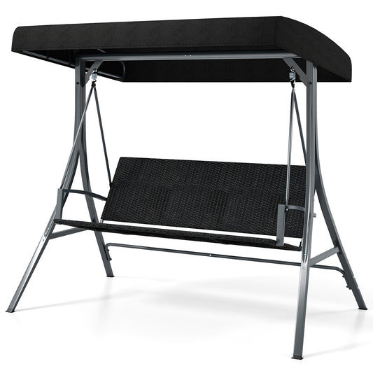 Balançoire de Porche 3 Personnes Avec Support, Canopée Extérieure, Dossier en Rotin, Noir