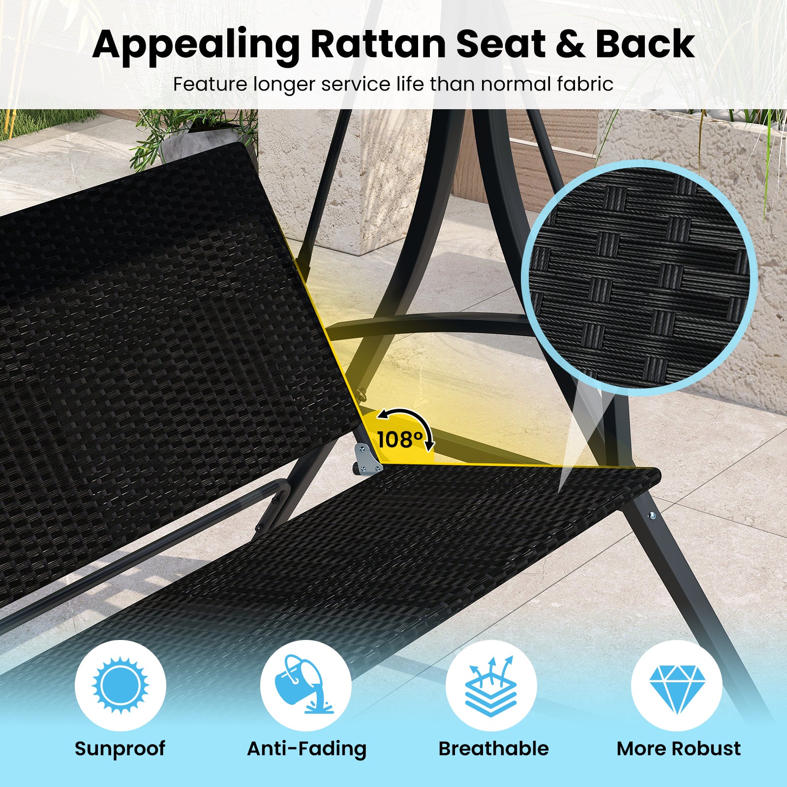 3-Person Porch Swing with Stand Outdoor Canopy Swing with Rattan Seat Back, Black Porch Swings at Gallery Canada