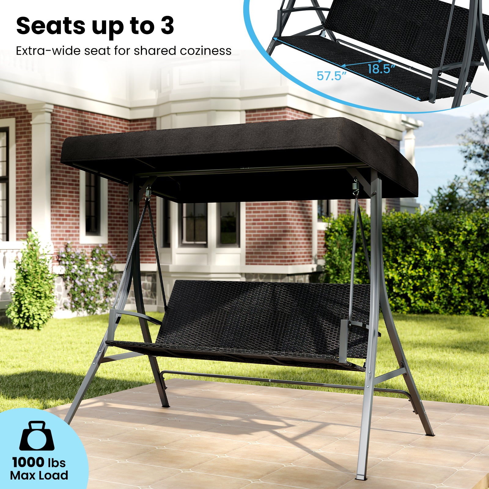 3-Person Porch Swing with Stand Outdoor Canopy Swing with Rattan Seat Back, Black Porch Swings at Gallery Canada