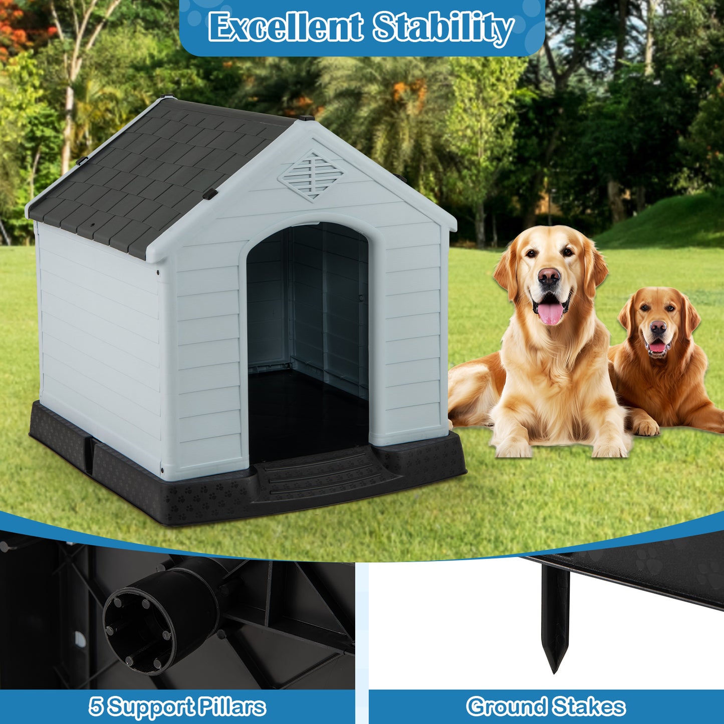 Dog House for Small Dogs Waterproof Plastic with Elevated Floor-M, Gray Dog Kennels at Gallery Canada