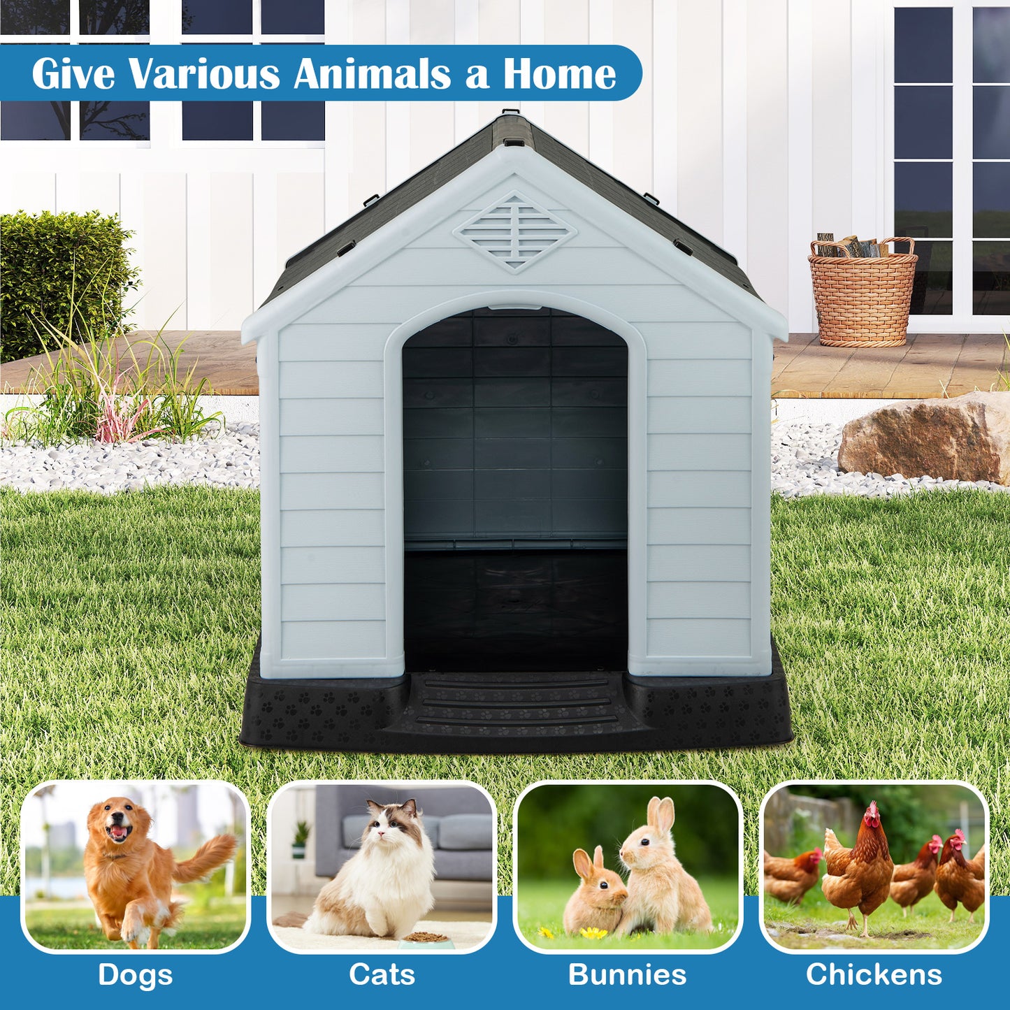 Dog House for Small Dogs Waterproof Plastic with Elevated Floor-M, Gray Dog Kennels at Gallery Canada