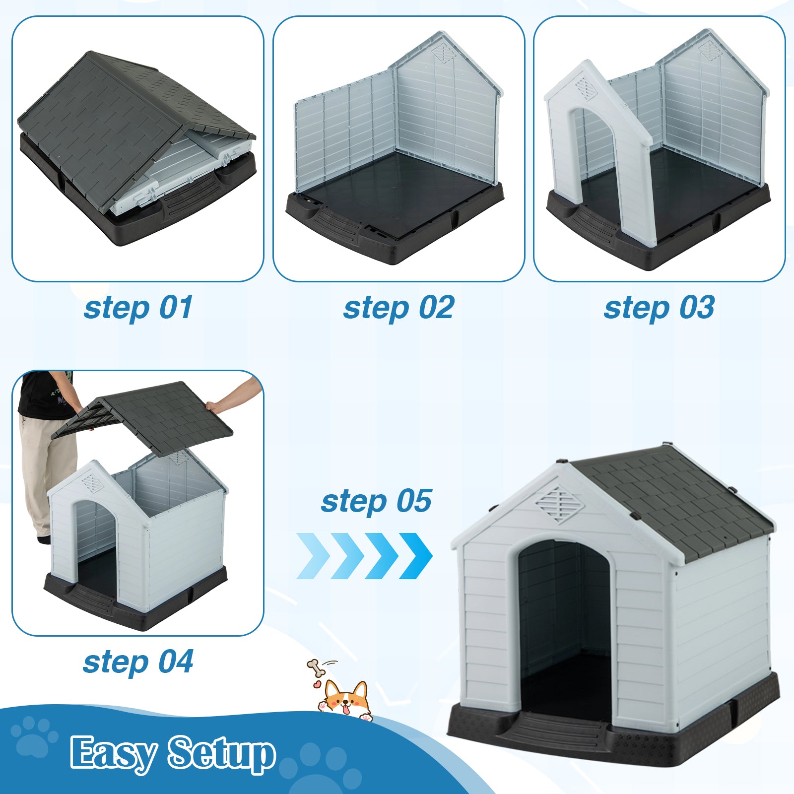 Dog House for Small Dogs Waterproof Plastic with Elevated Floor-M, Gray Dog Kennels at Gallery Canada