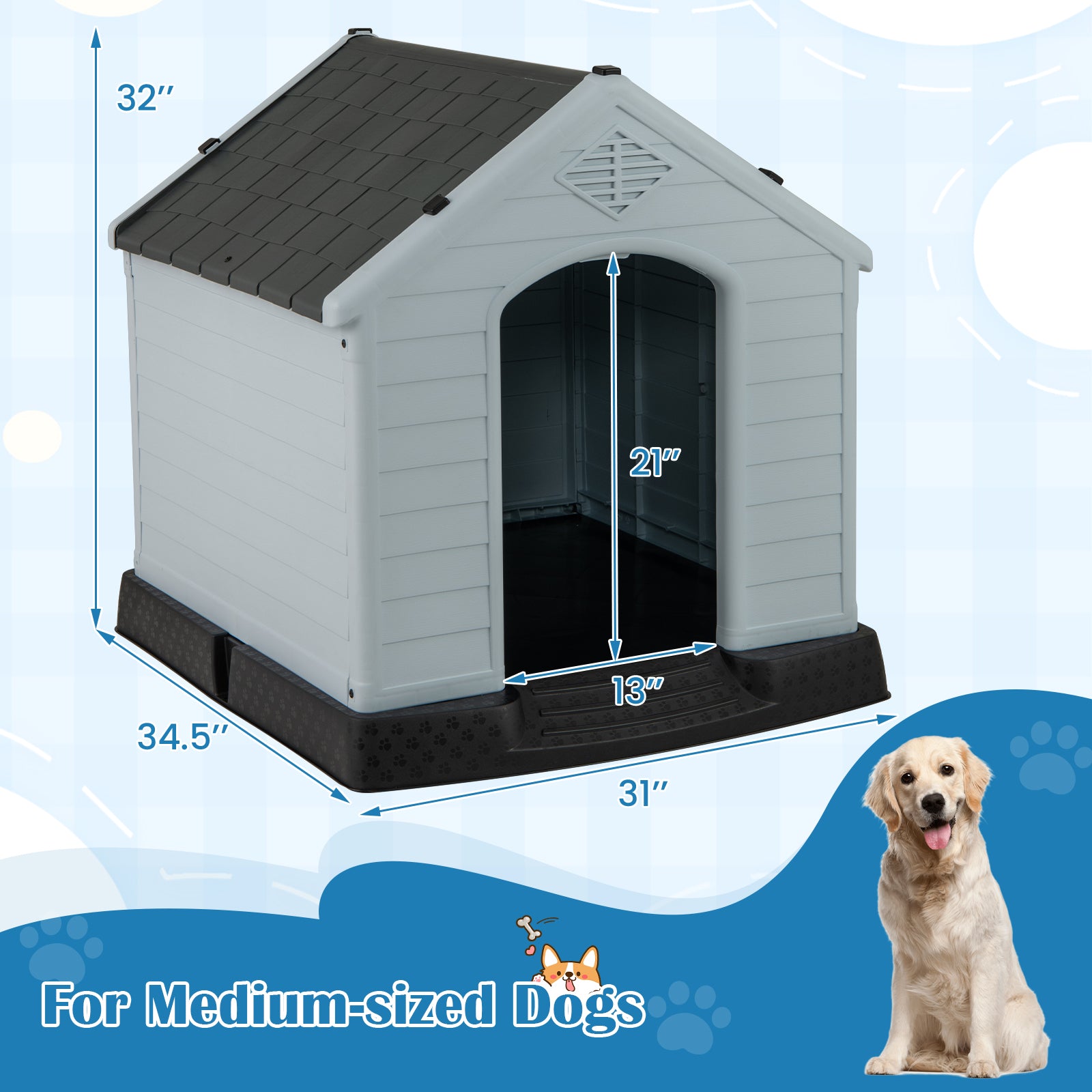 Dog House for Small Dogs Waterproof Plastic with Elevated Floor-M, Gray Dog Kennels at Gallery Canada