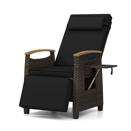 Patio Wicker Recliner Chair, Adjustable Backrest And Footrest, Black