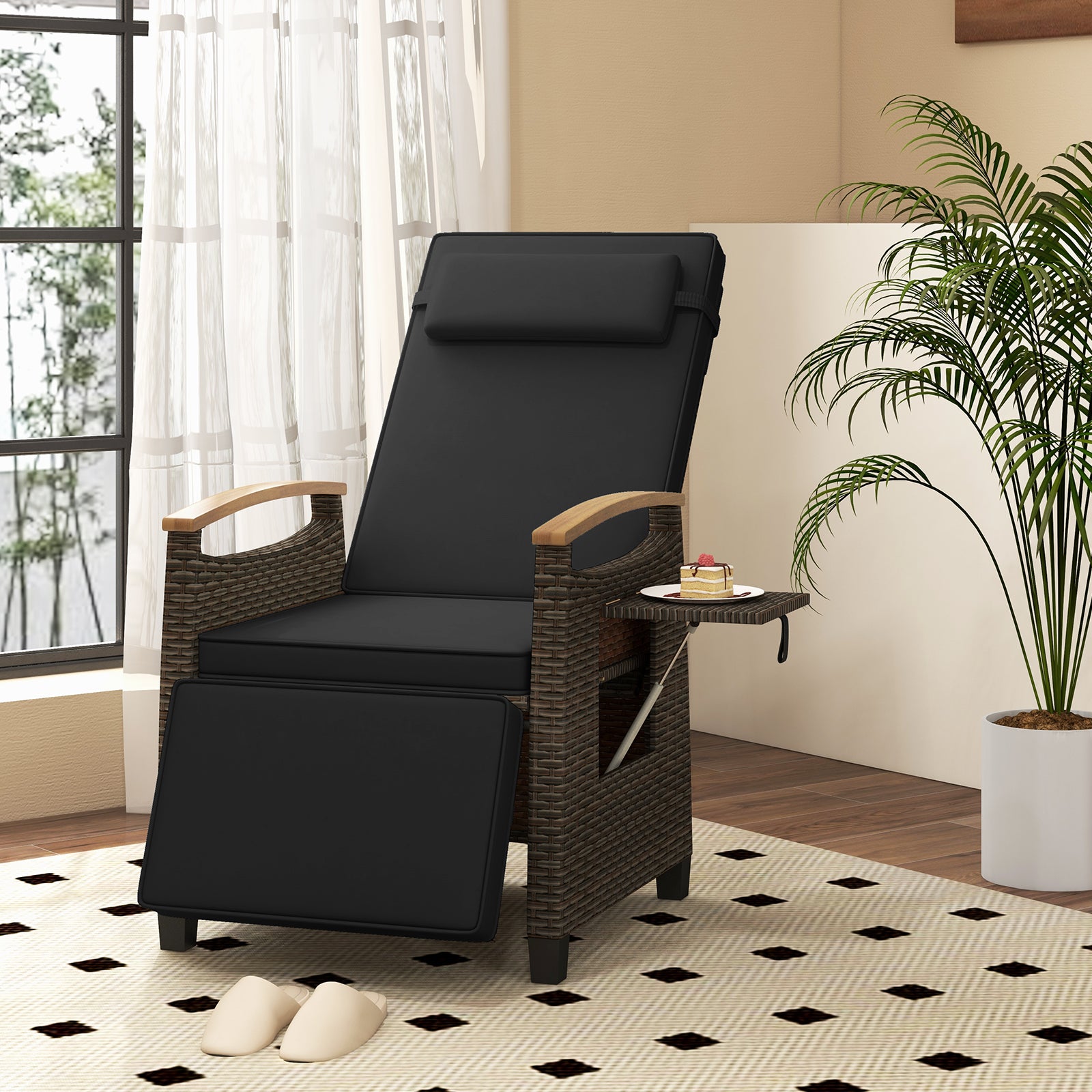 Patio Wicker Recliner Chair with Adjustable Backrest and Footrest, Black Outdoor Chaise Lounges at Gallery Canada