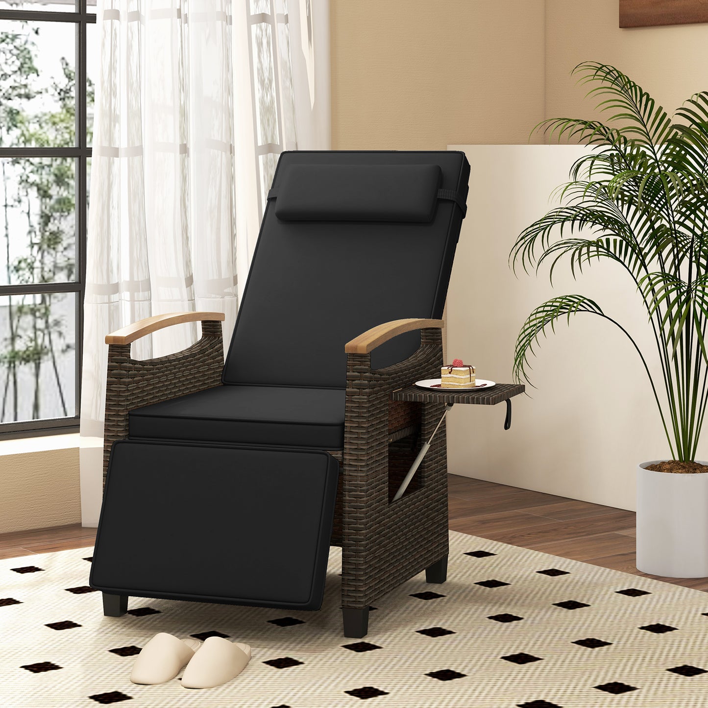Patio Wicker Recliner Chair with Adjustable Backrest and Footrest, Black Outdoor Chaise Lounges at Gallery Canada