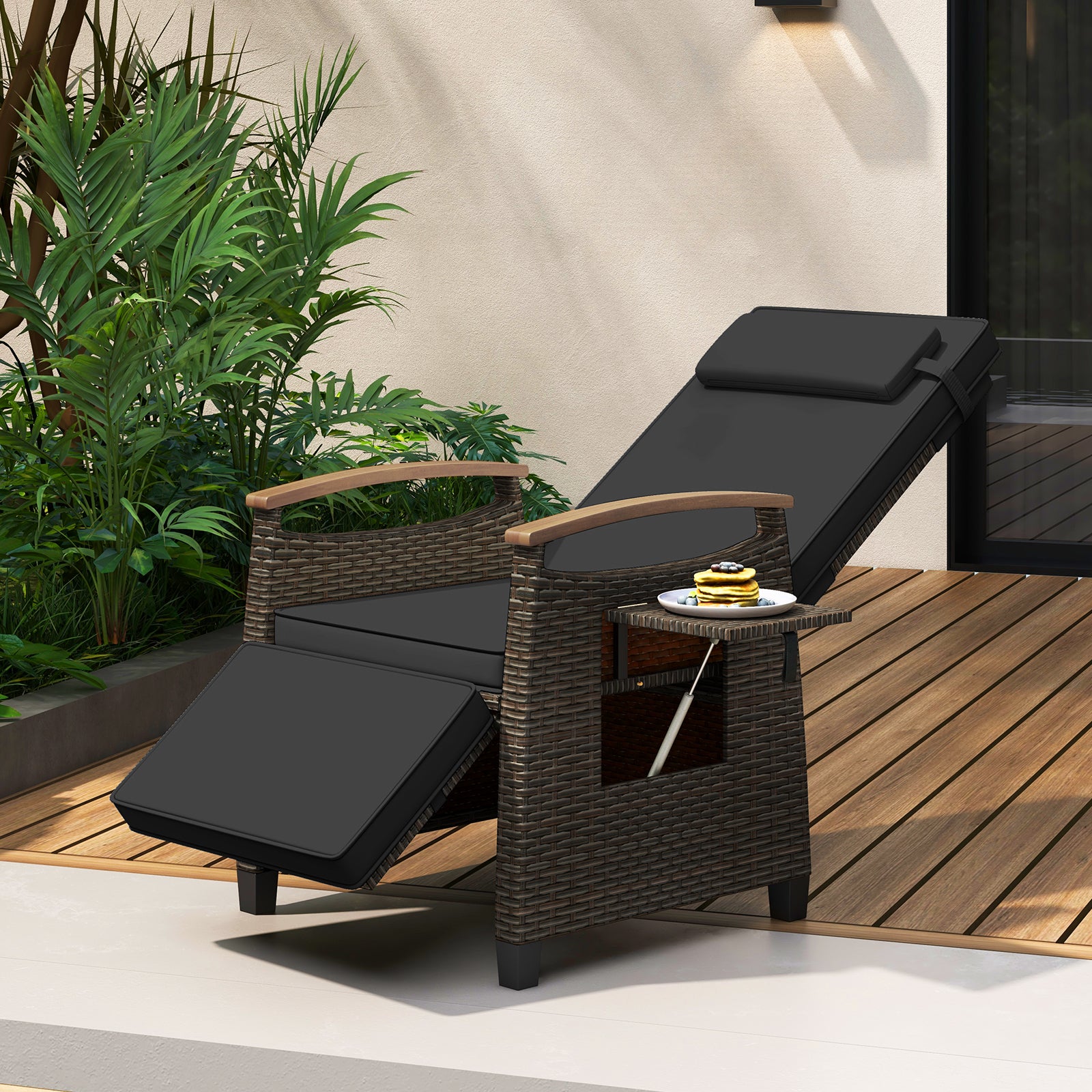 Patio Wicker Recliner Chair with Adjustable Backrest and Footrest, Black Outdoor Chaise Lounges at Gallery Canada