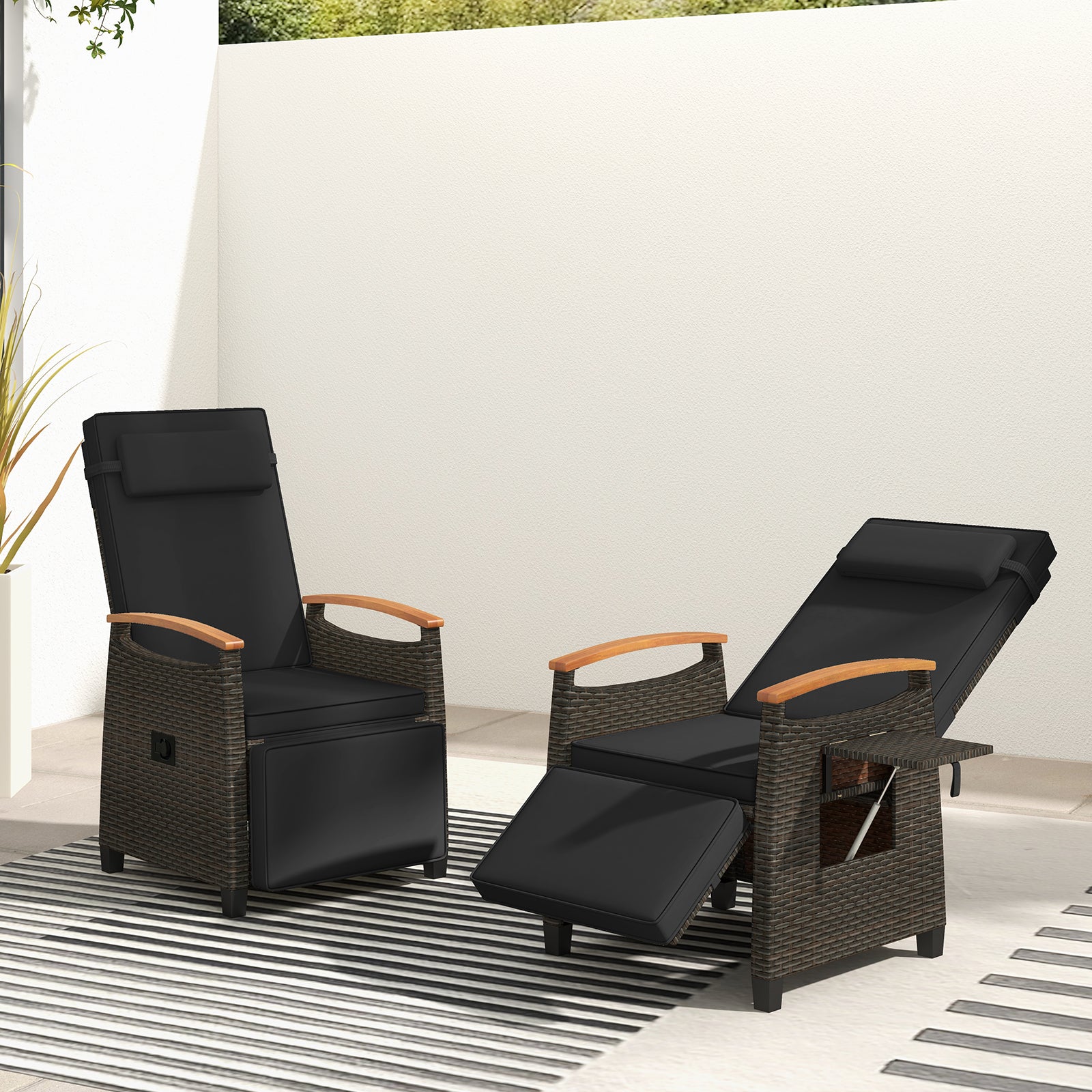 Patio Wicker Recliner Chair with Adjustable Backrest and Footrest, Black Outdoor Chaise Lounges at Gallery Canada