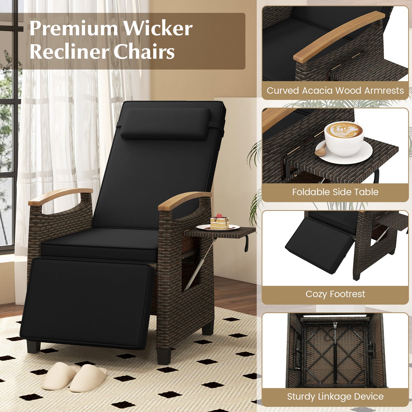 Patio Wicker Recliner Chair with Adjustable Backrest and Footrest, Black Outdoor Chaise Lounges at Gallery Canada