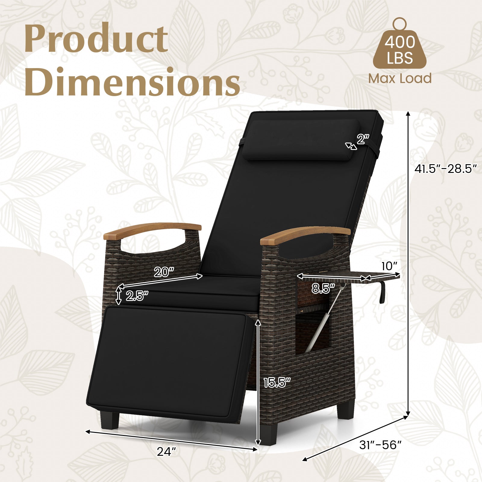 Patio Wicker Recliner Chair with Adjustable Backrest and Footrest, Black Outdoor Chaise Lounges at Gallery Canada