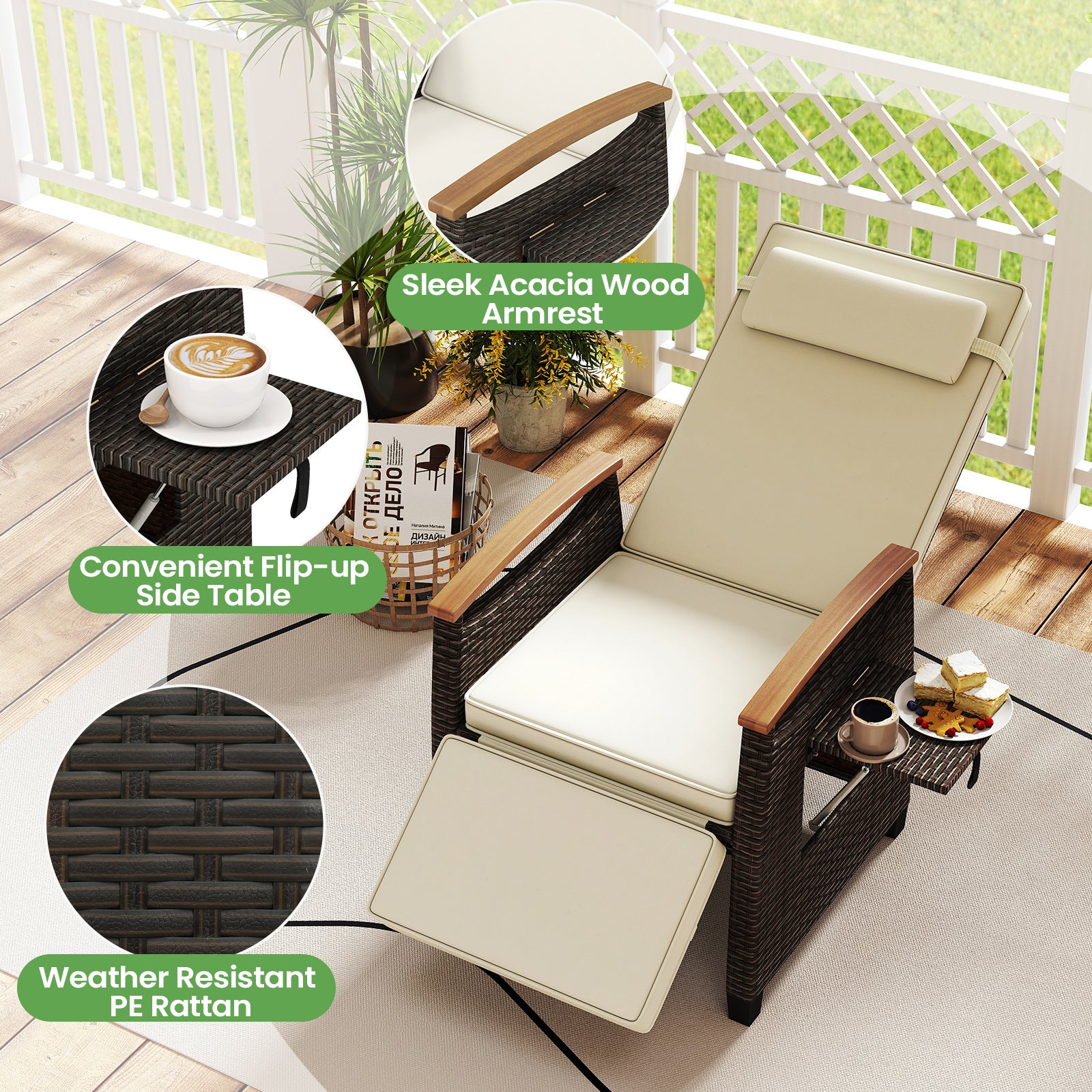 Patio Wicker Recliner Chair with Adjustable Backrest and Footrest, White Outdoor Chaise Lounges at Gallery Canada