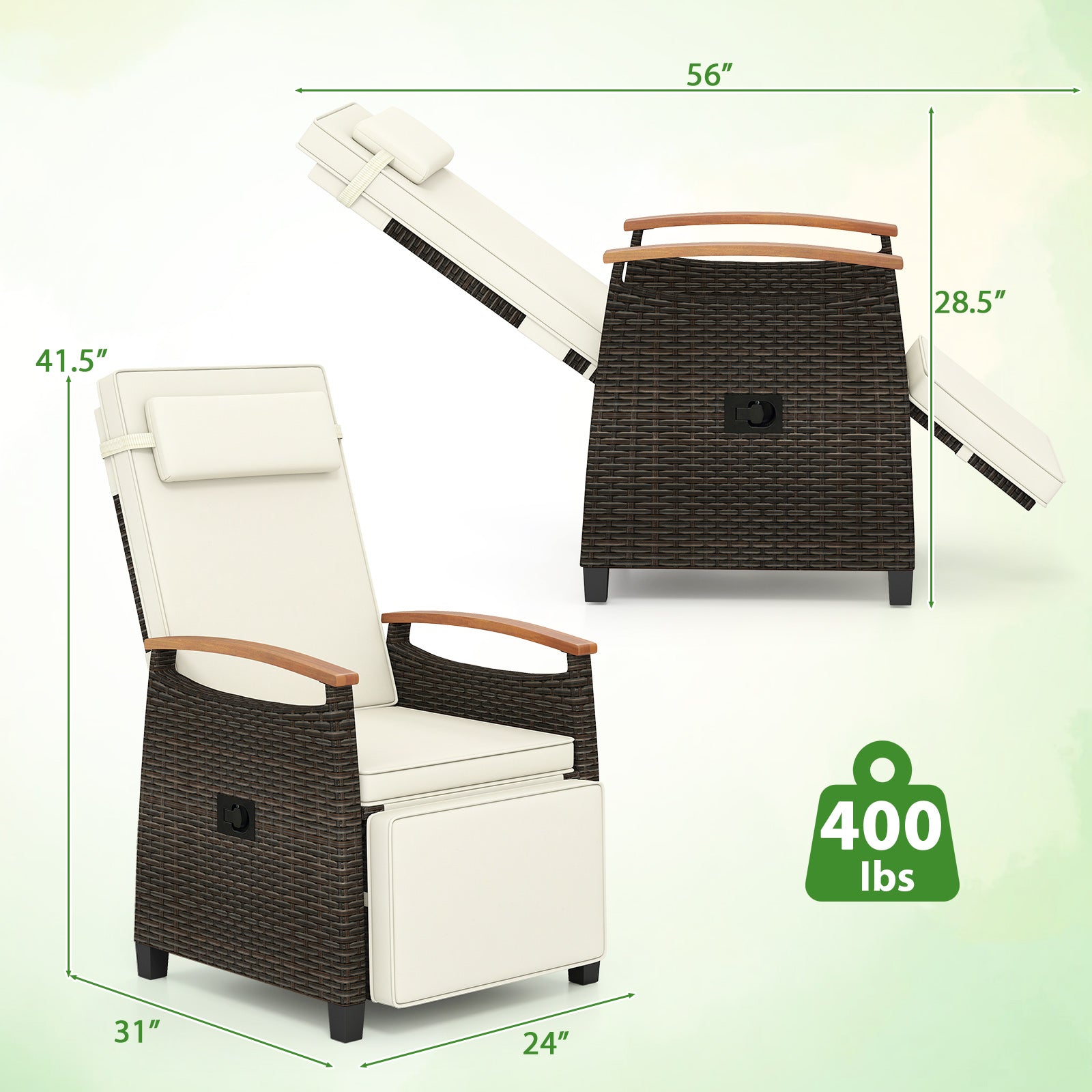 Patio Wicker Recliner Chair with Adjustable Backrest and Footrest, White Outdoor Chaise Lounges at Gallery Canada