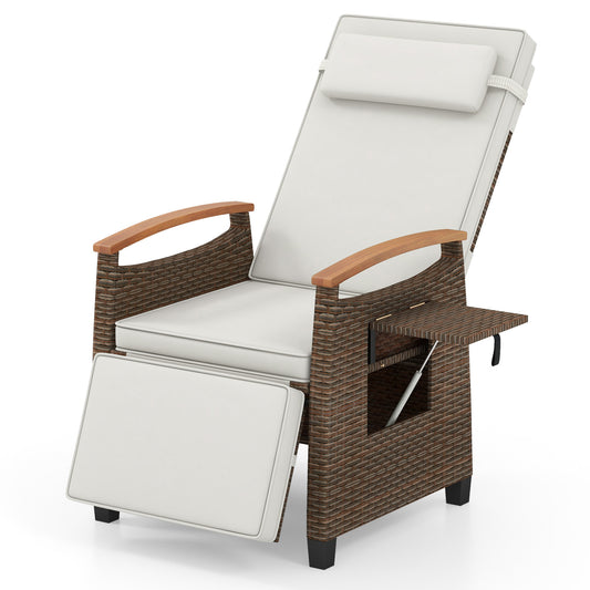 Patio Wicker Recliner Chair, Adjustable Backrest And Footrest, White
