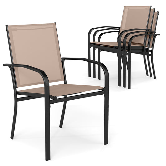 Outdoor Dining Chairs, Set of 4, High Back, Metal Frame, Coffee