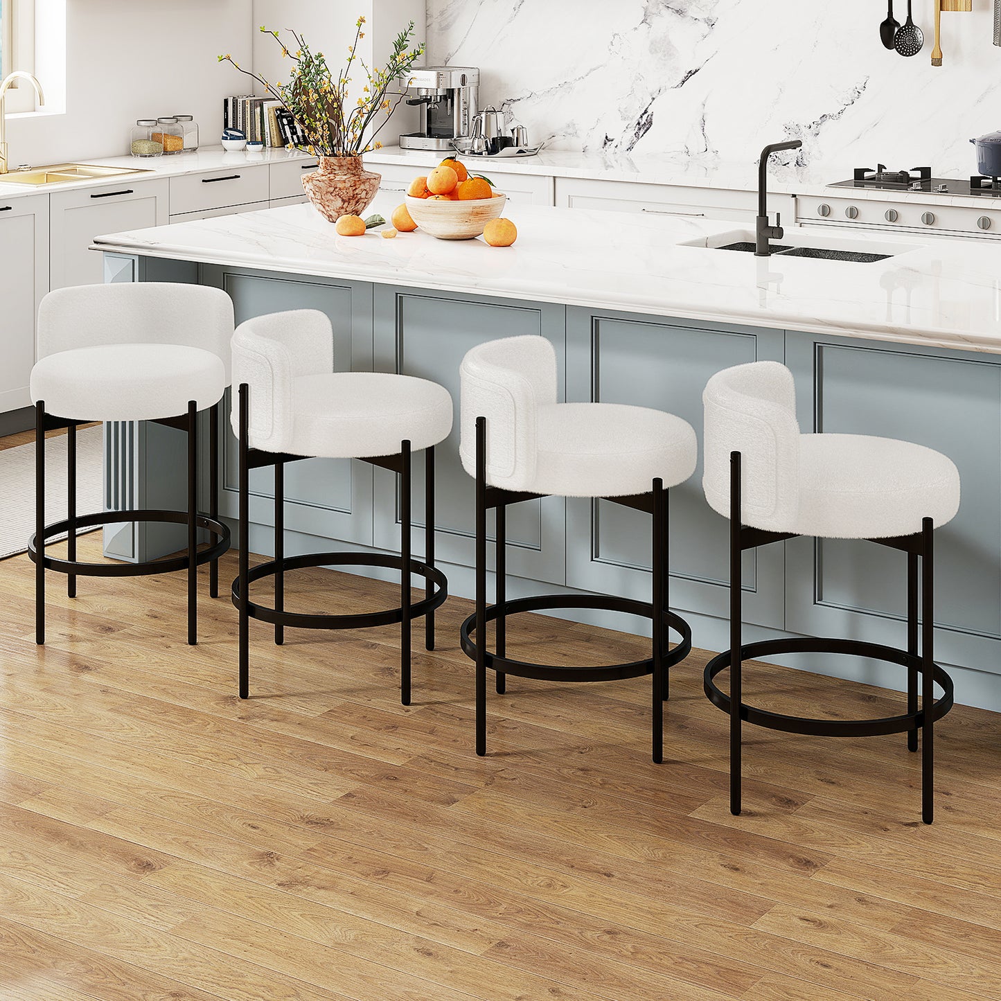 24 Inch Boucle Counter Stools, Set of 4, Curved Backrest, White Bar Stools at Gallery Canada