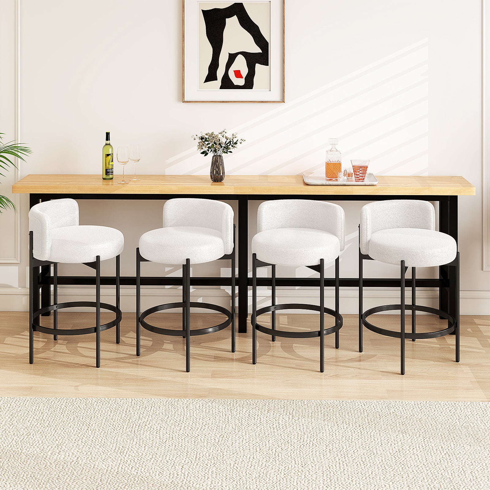 24 Inch Boucle Counter Stools, Set of 4, Curved Backrest, White Bar Stools at Gallery Canada