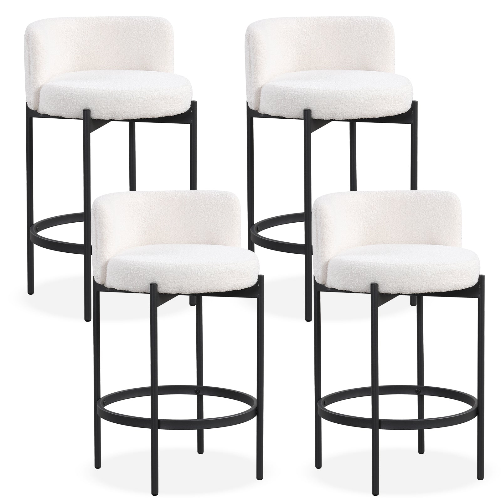 24 Inch Boucle Counter Stools, Set of 4, Curved Backrest, White Bar Stools at Gallery Canada