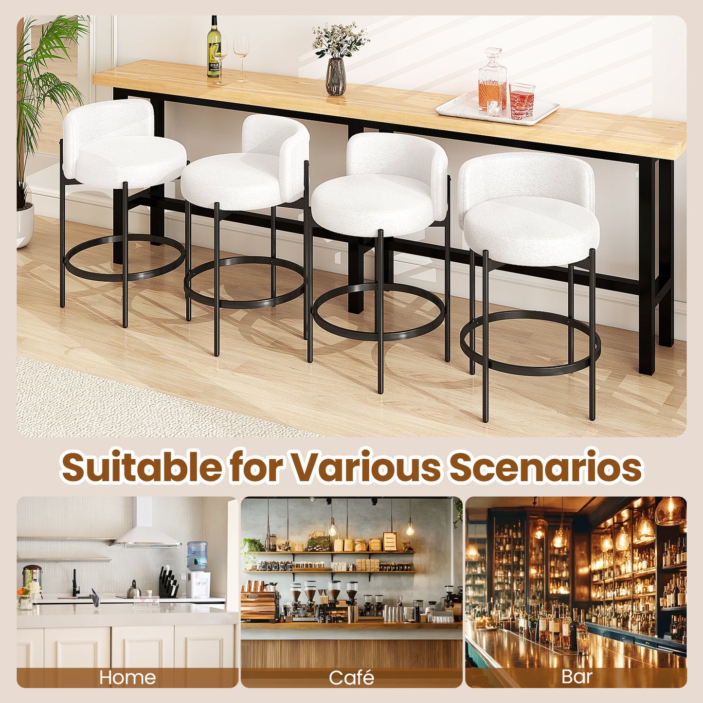 24 Inch Boucle Counter Stools, Set of 4, Curved Backrest, White Bar Stools at Gallery Canada