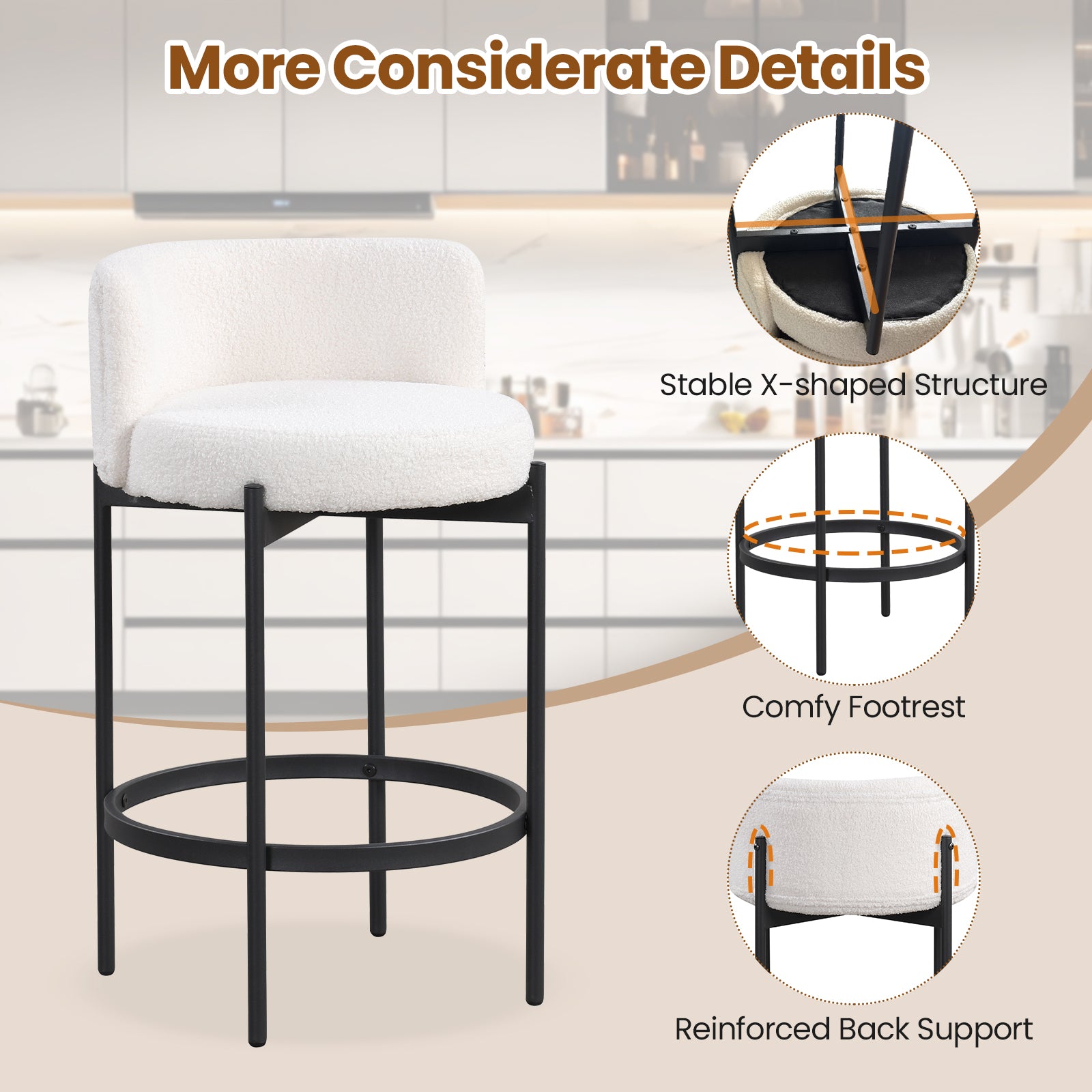 24 Inch Boucle Counter Stools, Set of 4, Curved Backrest, White Bar Stools at Gallery Canada