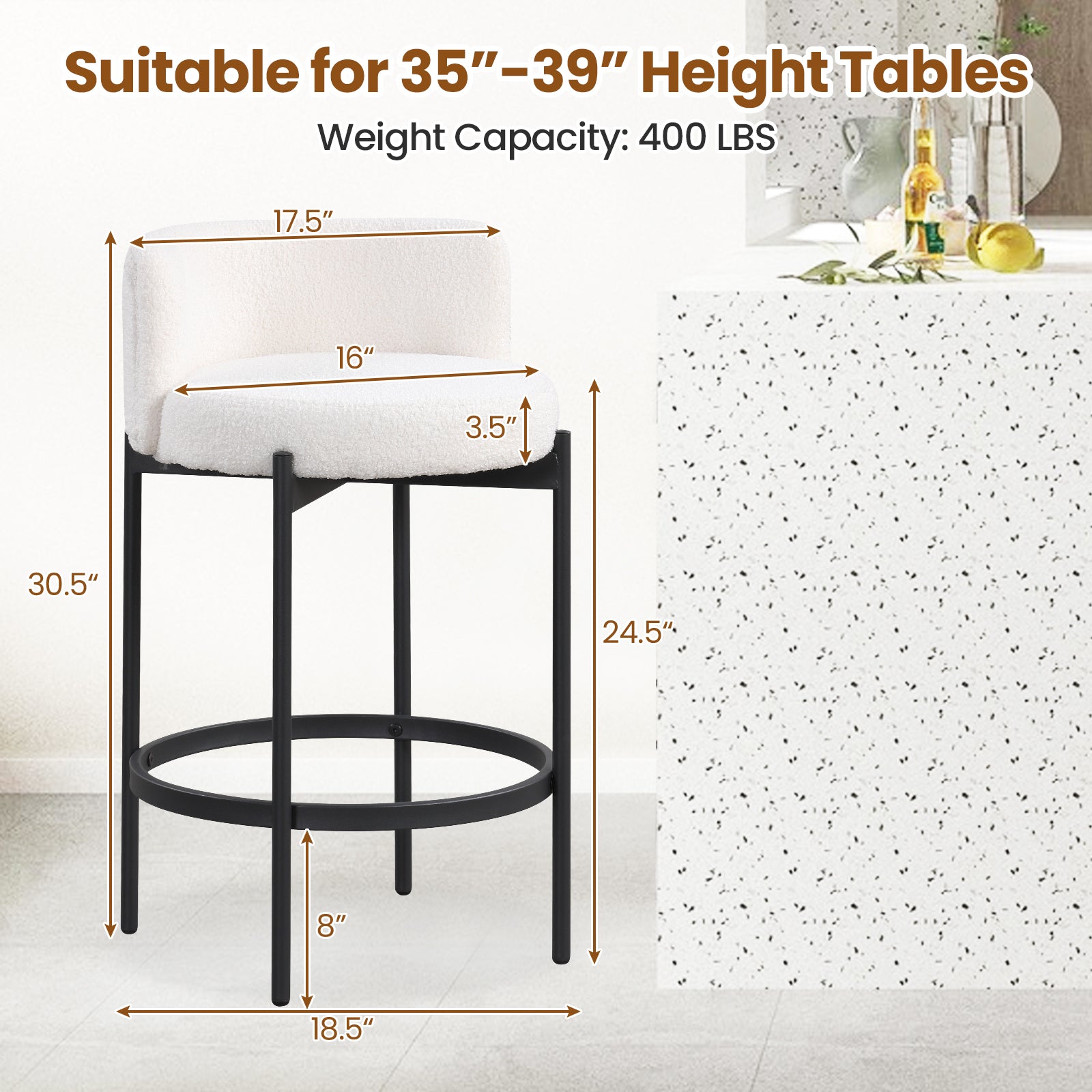 24 Inch Boucle Counter Stools, Set of 4, Curved Backrest, White Bar Stools at Gallery Canada