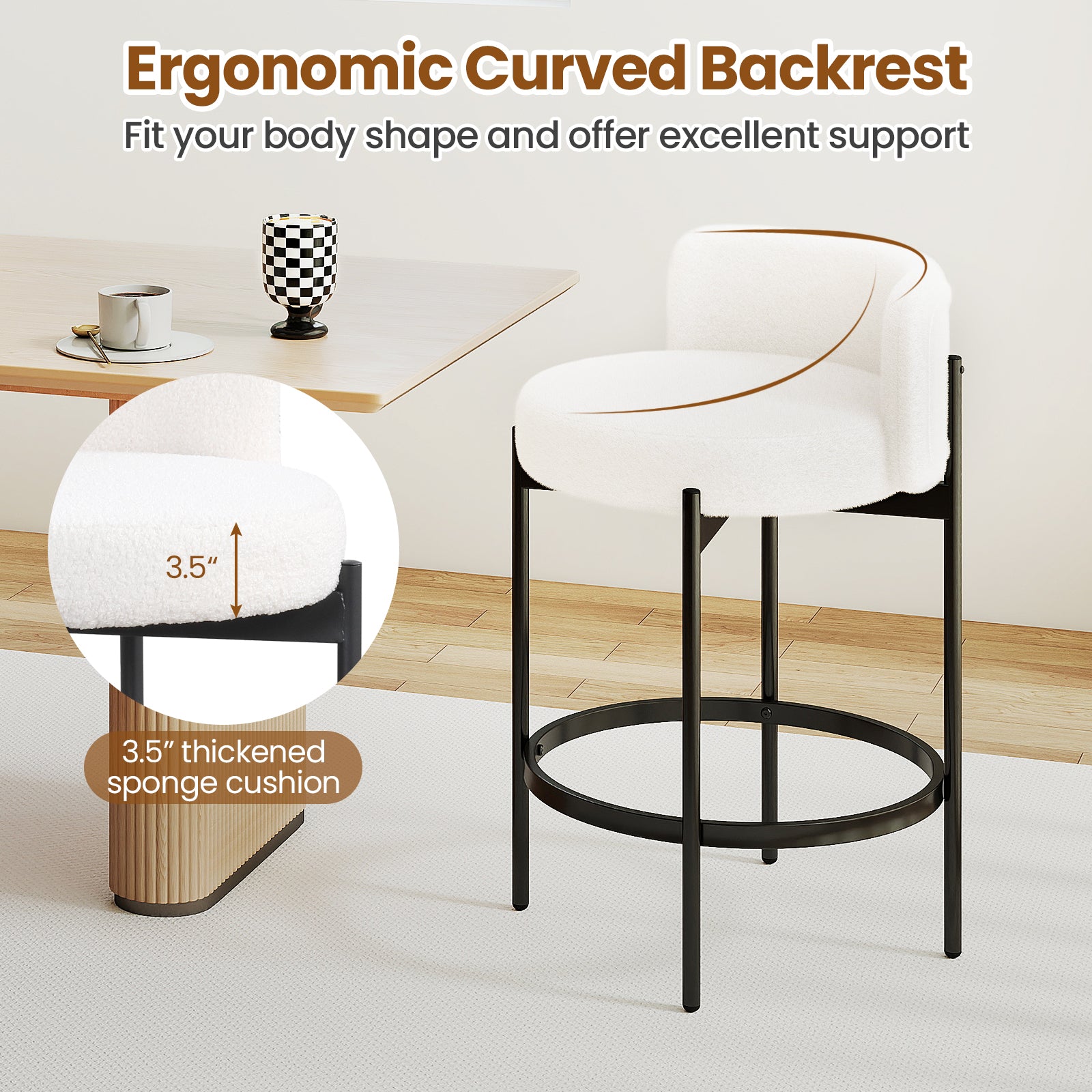 24 Inch Boucle Counter Stools, Set of 2, Curved Backrest, White Bar Stools at Gallery Canada