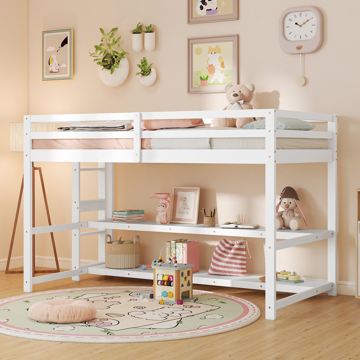 Twin Size Loft Bed with Storage Shelves Full-length Guardrails and Ladder, White Bunk Bed Frame at Gallery Canada